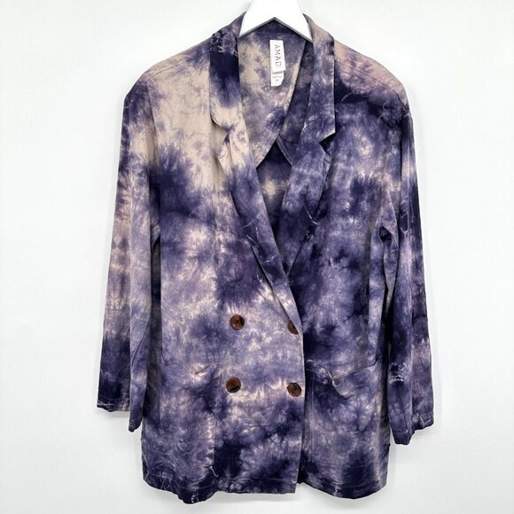 Amadi Anthropologie Blazer Jacket Medium Purple Tie Dye Double Breasted Pockets‎ - Picture 1 of 15